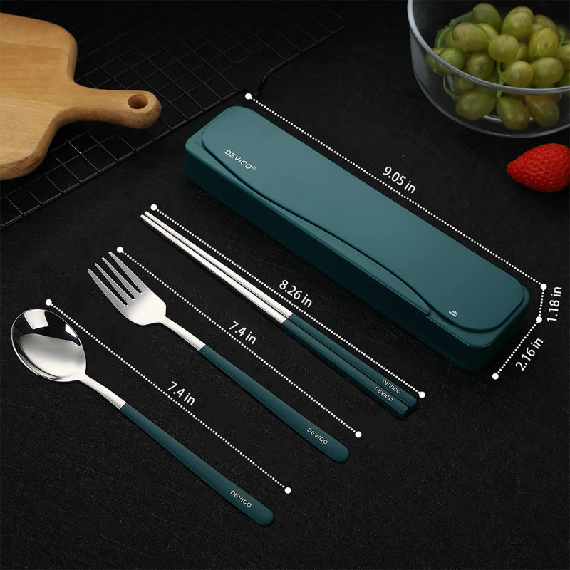 DEVICO Travel Utensils  18/8 Stainless Steel Portable Reusable Camping Silverware Cutlery Flatware Set  4-Piece Include Fork Spoon Chopsticks with Case (Dark Green) - Image 2